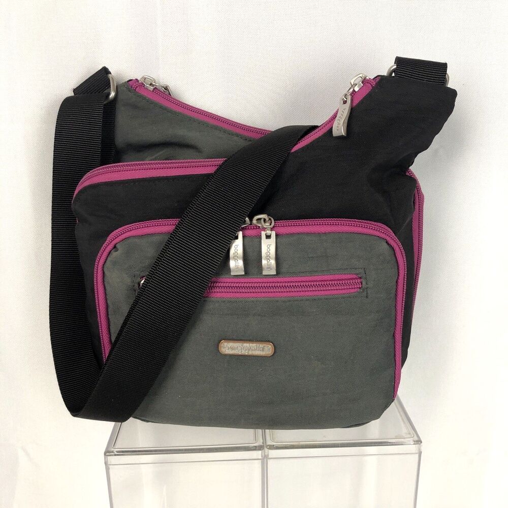 Baggallini Black/Gray/Pink Multi-Pocket Crossbody Bag Nylon OS